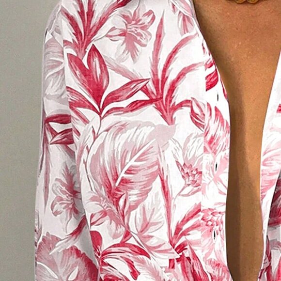 Watermelon Pink Boho Women's Tropical Print Long Sleeve Shirt & Shorts Set - Picture 4 of 4